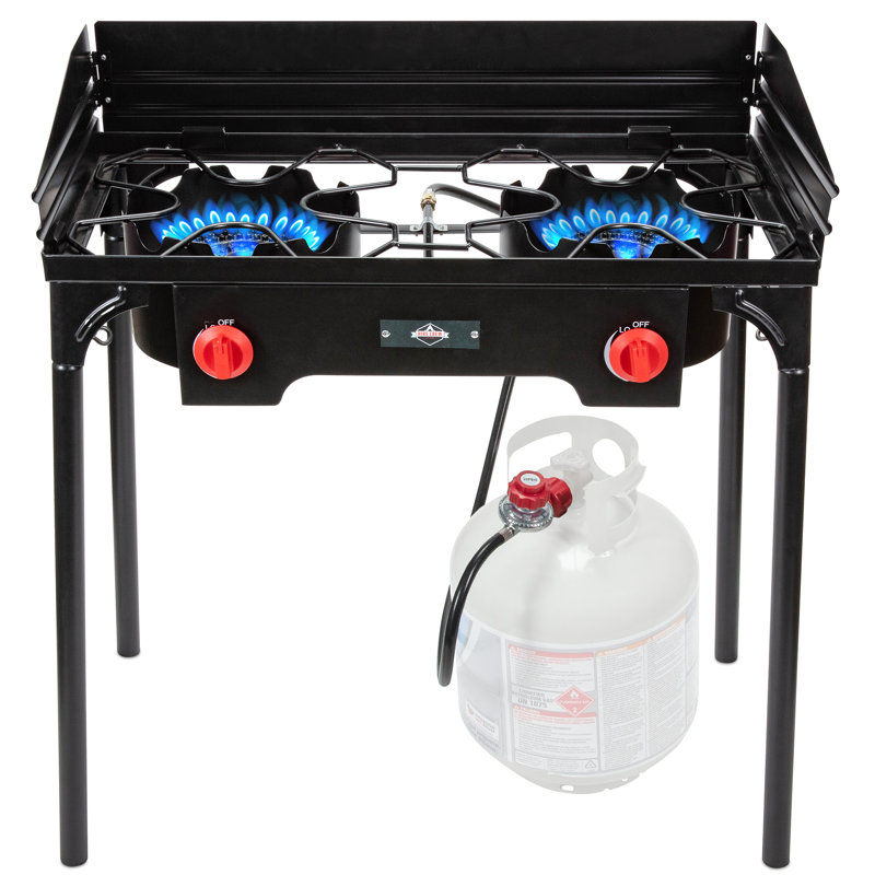 Hike Crew Cast Iron Double burner Outdoor Gas Stove 150 000 Btu Portable Propane powered Cooktop With Removable Legs Temperature Control Knobs Wind Panels Hose Regulator Storage Carry Case Reviews Way...